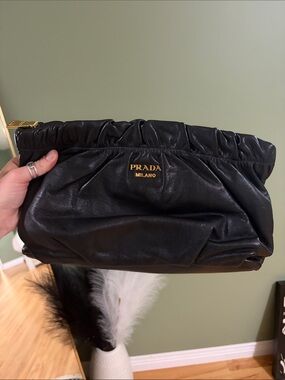 Prada Black Ruched Leather Clutch with Gold Logo